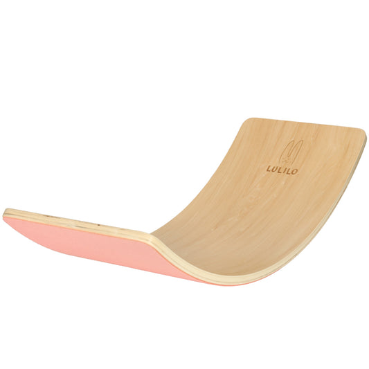 Montessori tasakaalulaud lastele, naturaalne puit roosa vildiga (82 × 30 cm)