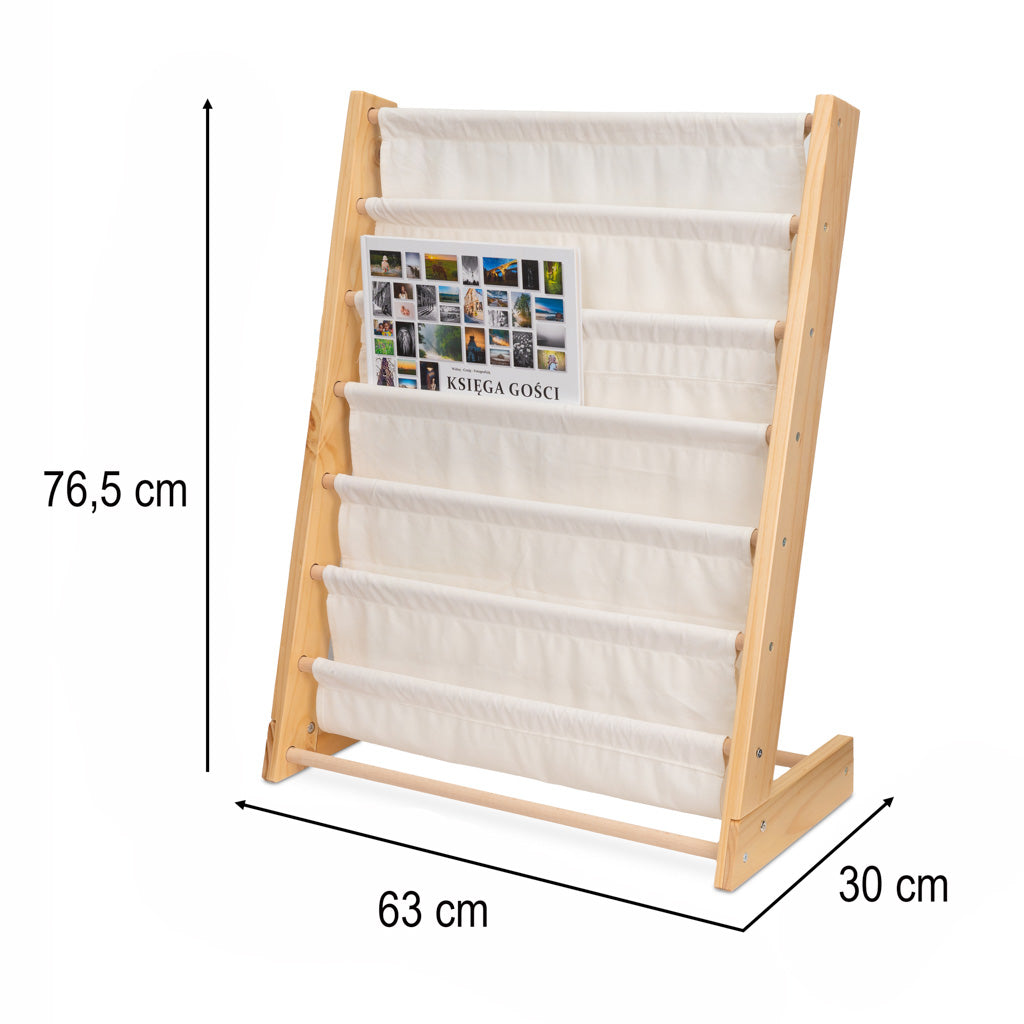 Laste raamaturiiul kangast taskutega 76,5 cm - 6 taskut, puit + puuvill