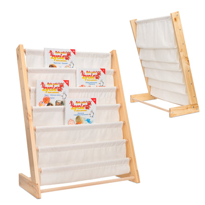 Laste raamaturiiul kangast taskutega 76,5 cm - 6 taskut, puit + puuvill