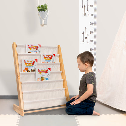 Laste raamaturiiul kangast taskutega 76,5 cm - 6 taskut, puit + puuvill