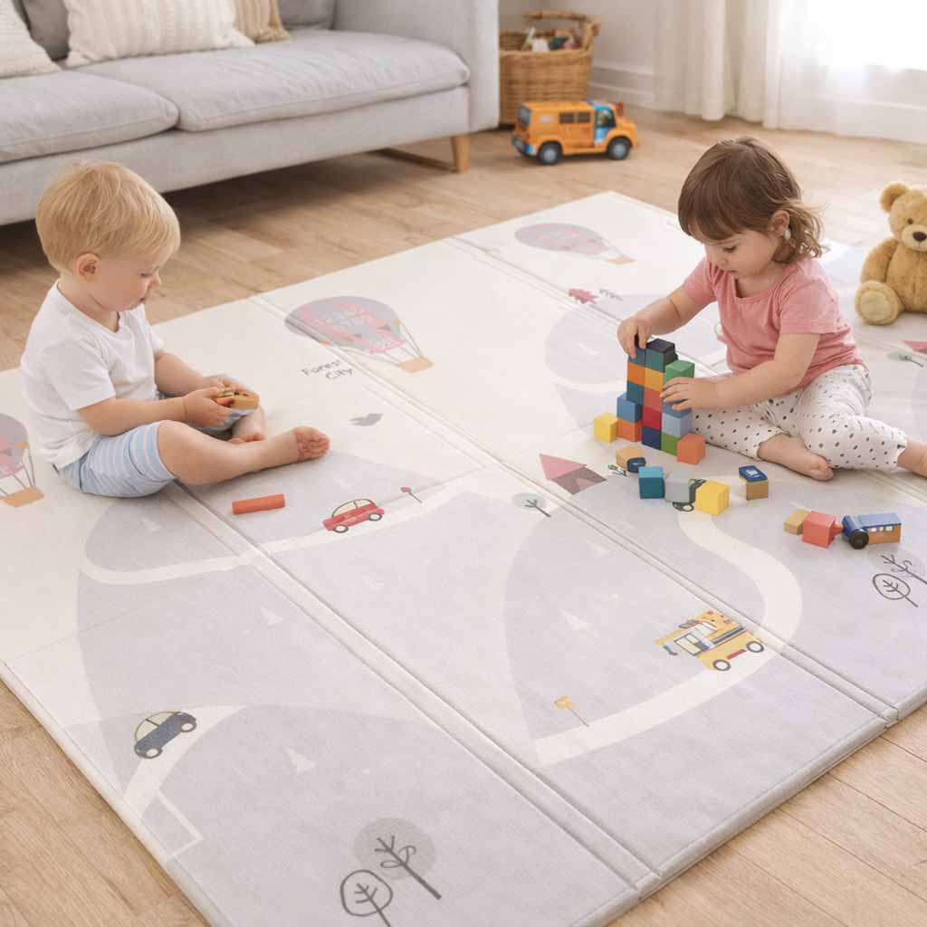 Kahepoolne kokkupandav mängumatt 150 × 200 cm – õhupallid ja tänavamuster