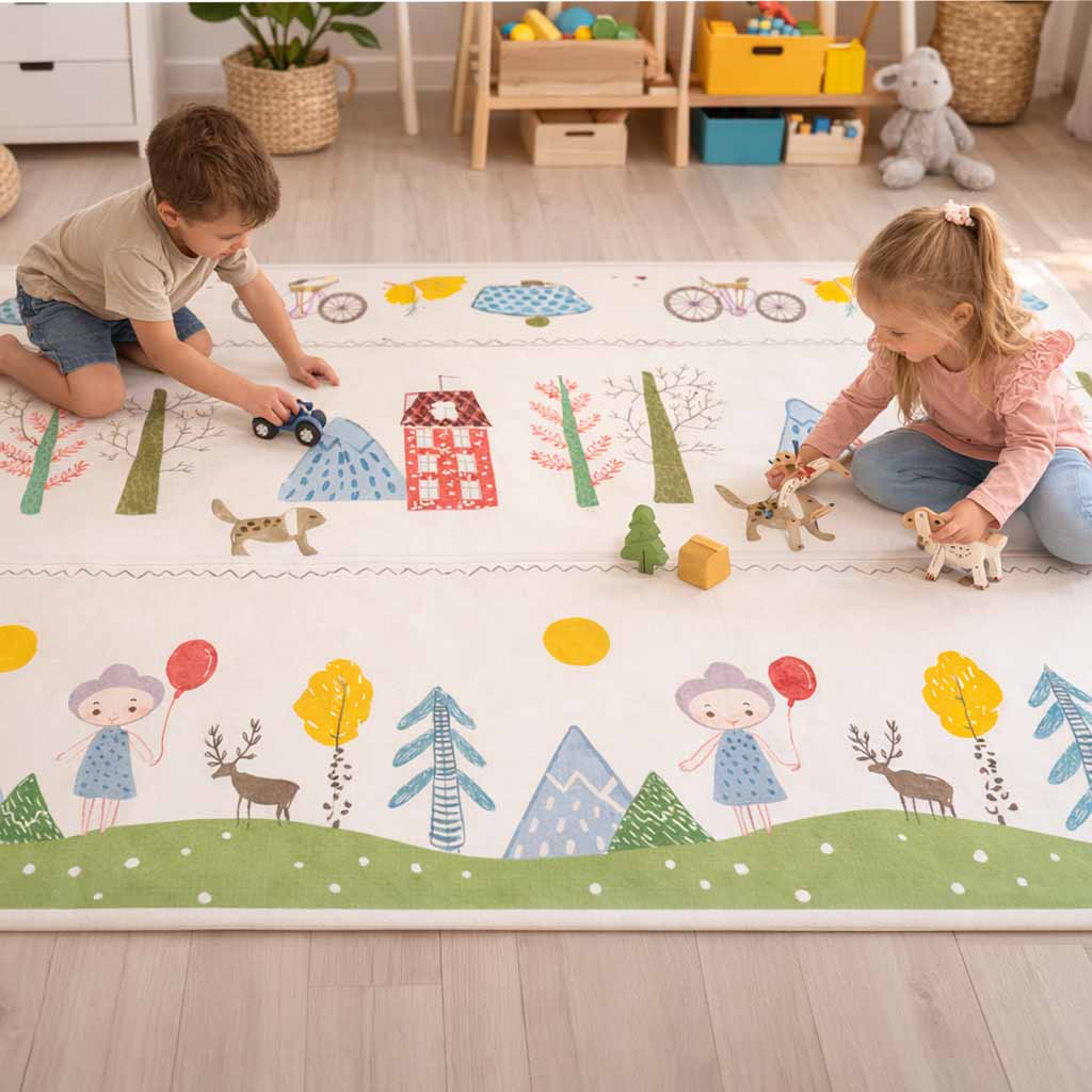 Kahepoolne kokkupandav mängumatt 150 × 200 cm – puud/karud
