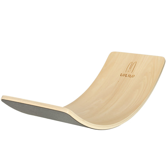 Montessori tasapainolauta lapsille, luonnollinen puu harmaalla huovalla (82 × 30 cm)