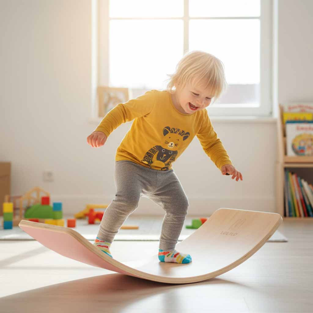 Montessori tasakaalulaud lastele, naturaalne puit roosa vildiga (82 × 30 cm)