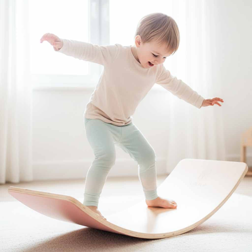 Montessori tasakaalulaud lastele, naturaalne puit roosa vildiga (82 × 30 cm)