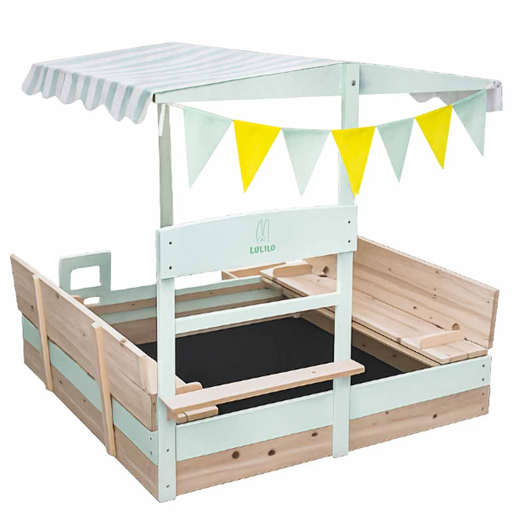 LULILO Vendo puidust liivakast 360° pööratava katuse ja suletavate pinkidega, 120 × 120 cm