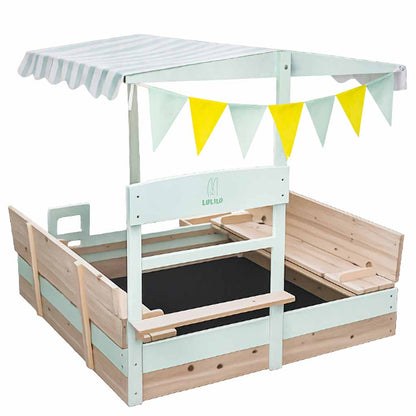 LULILO Vendo puidust liivakast 360° pööratava katuse ja suletavate pinkidega, 120 × 120 cm