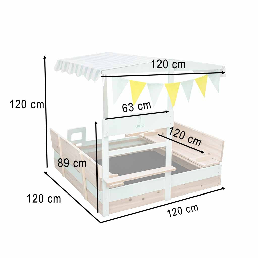 LULILO Vendo puidust liivakast 360° pööratava katuse ja suletavate pinkidega, 120 × 120 cm