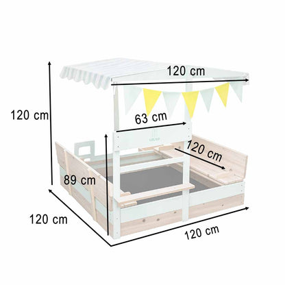 LULILO Vendo puidust liivakast 360° pööratava katuse ja suletavate pinkidega, 120 × 120 cm
