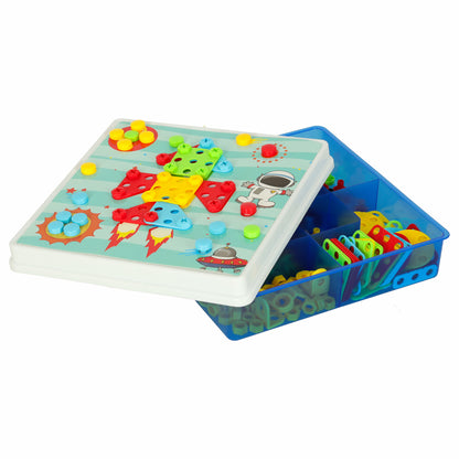 Paristokäyttöinen leikkipora ruuveilla ja rakennuspalikoilla lokerikkolaatikossa, 261 osaa