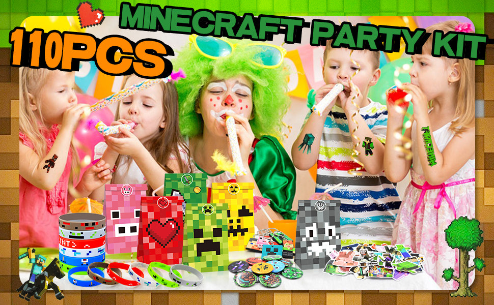Minecrafti teemaline laste sünnipäeva peo tarvikute komplekt, 110-osaline (kleebised, ajutised tätoveeringud, võtmehoidjad, silikoonkäevõrud)