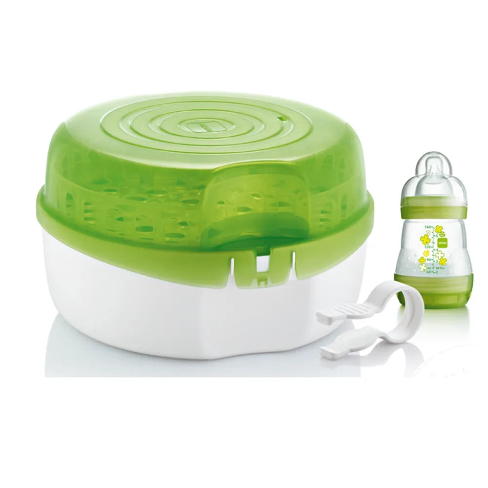 MAM mikrolaineahju sterilisaator lutipudelitele + 160ml lutipudel, luttidele ja tarvikutele, roheline