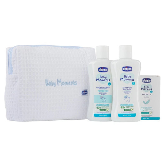 Chicco Baby Moments -kylpysetti vauvalle kosmetiikkapussilla, 3 tuotetta, sininen